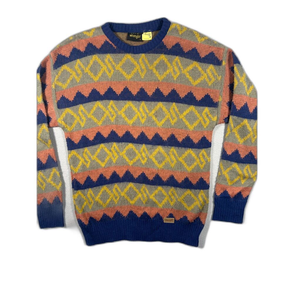 Vintage Wrangler Wool Blend Geometric Knit Crewneck Sweater Size M Made in Italy